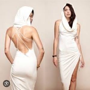 Zhen Nymph cowl hoodie strappy Halter Asymmetric Olive green boho festival Dress